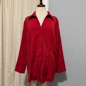 DCC Woman Red Stretch Button Down Shirt Plus Size 2X Long Sleeve Collared Blouse